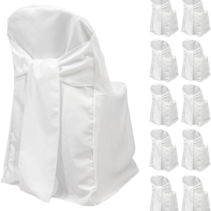 Efavormart 10 Pack White Linen Polyester Folding Chair Covers for Party Dining Chairs Reusable Wedding Chair Slipcovers with Attached Sashes Outdoor Event Decor.
