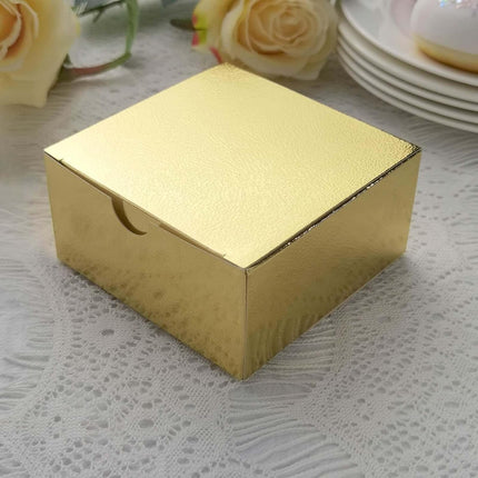 Efavormart 100 Pack 4"x4"x2" Gold Metallic Cake Favor Boxes, Shimmering Cardstock Candy Treat Gift Boxes for Anniversary, Wedding, and Gala.