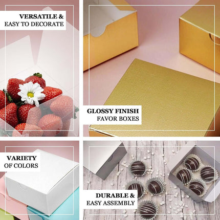 Efavormart 100 Pack 4"x4"x2" Gold Metallic Cake Favor Boxes, Shimmering Cardstock Candy Treat Gift Boxes for Anniversary, Wedding, and Gala.