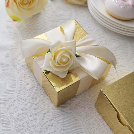 Efavormart 100 Pack 4"x4"x2" Gold Metallic Cake Favor Boxes, Shimmering Cardstock Candy Treat Gift Boxes for Anniversary, Wedding, and Gala.