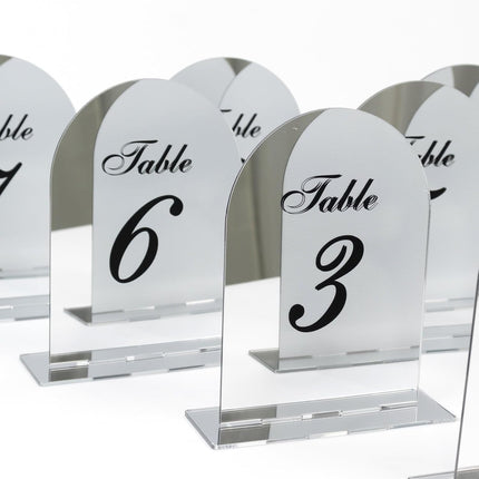 Efavormart Wedding Table Numbers 1-10 – Silver Mirror Arch Acrylic with Black Print & Stands for Elegant Receptions - 6"x7".