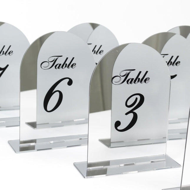 Efavormart Wedding Table Numbers 1-10 – Silver Mirror Arch Acrylic with Black Print & Stands for Elegant Receptions - 6"x7".