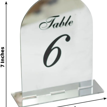 Efavormart Wedding Table Numbers 1-10 – Silver Mirror Arch Acrylic with Black Print & Stands for Elegant Receptions - 6"x7".