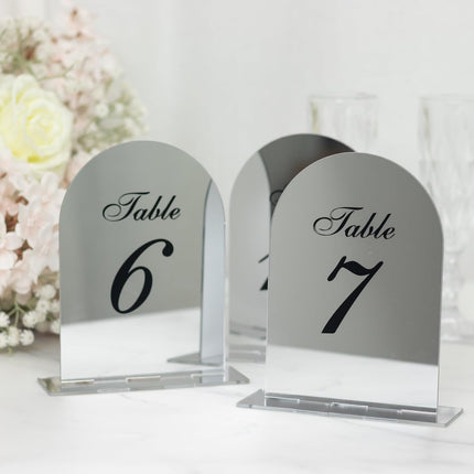 Efavormart Wedding Table Numbers 1-10 – Silver Mirror Arch Acrylic with Black Print & Stands for Elegant Receptions - 6"x7".