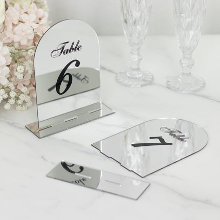 Efavormart Wedding Table Numbers 1-10 – Silver Mirror Arch Acrylic with Black Print & Stands for Elegant Receptions - 6"x7".