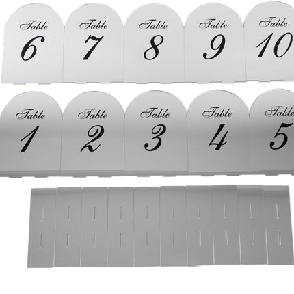 Efavormart Wedding Table Numbers 1-10 – Silver Mirror Arch Acrylic with Black Print & Stands for Elegant Receptions - 6"x7".