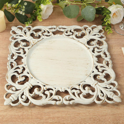 Efavormart 6 Pack Whitewashed Square Acrylic Charger Plates with Hollow Lace Border, Dinner Chargers Event Tabletop Decor - 12".