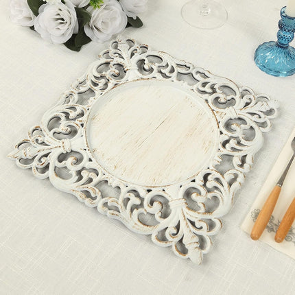 Efavormart 6 Pack Whitewashed Square Acrylic Charger Plates with Hollow Lace Border, Dinner Chargers Event Tabletop Decor - 12".