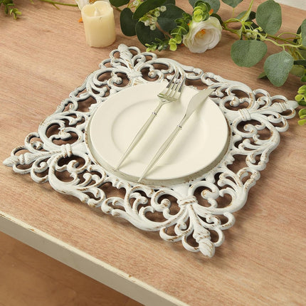 Efavormart 6 Pack Whitewashed Square Acrylic Charger Plates with Hollow Lace Border, Dinner Chargers Event Tabletop Decor - 12".