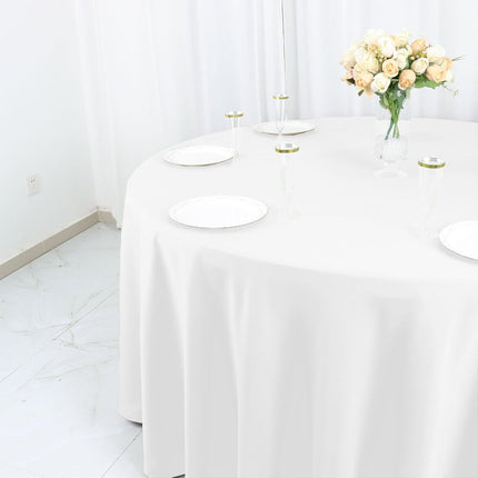 Efavormart White Cotton Blend Round Tablecloth 120" Seamless for 5 Foot Table with Floor-Length Drop.