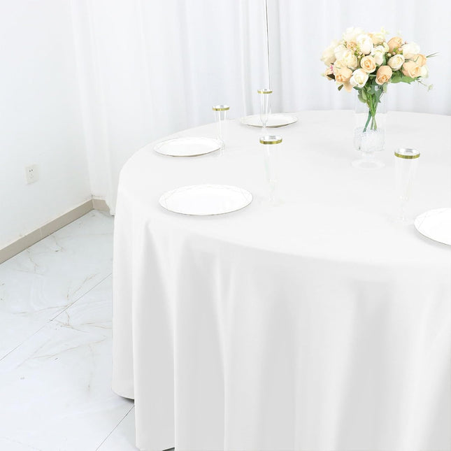 Efavormart White Cotton Blend Round Tablecloth 120" Seamless for 5 Foot Table with Floor-Length Drop.