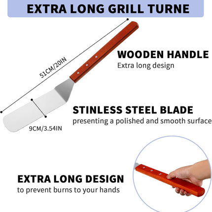 2 Pieces BBQ Extra Long Grill Turner and Grill Spatula, Stainless Steel Barbecue Grilling Accessories, Slotted Spatula and Solid Kitchen Spatula with Wooden Handle, 20 Inch.