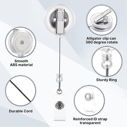 100 Pcs Translucent Retractable Badge Reels Round ID Badge Holders Nursing Name Reels with Swivel Alligator Clip and Vinyl Card Strap for Nurses Volunteer Students Teachers(Translucent Clear).