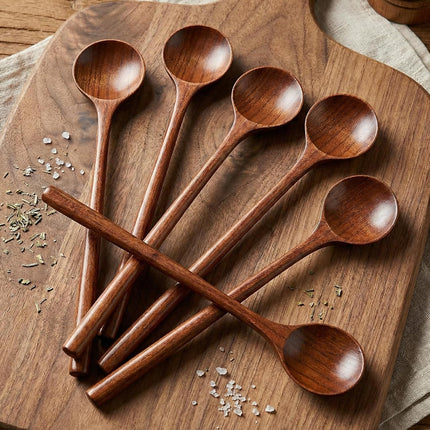 6 Pcs 11 Inch Wood Long Spoons Wooden Long Handle Round Scoops Korean Style Soup Spoons for Soup Cooking Mixing Stirring Kitchen Tools Utensils(Brown).