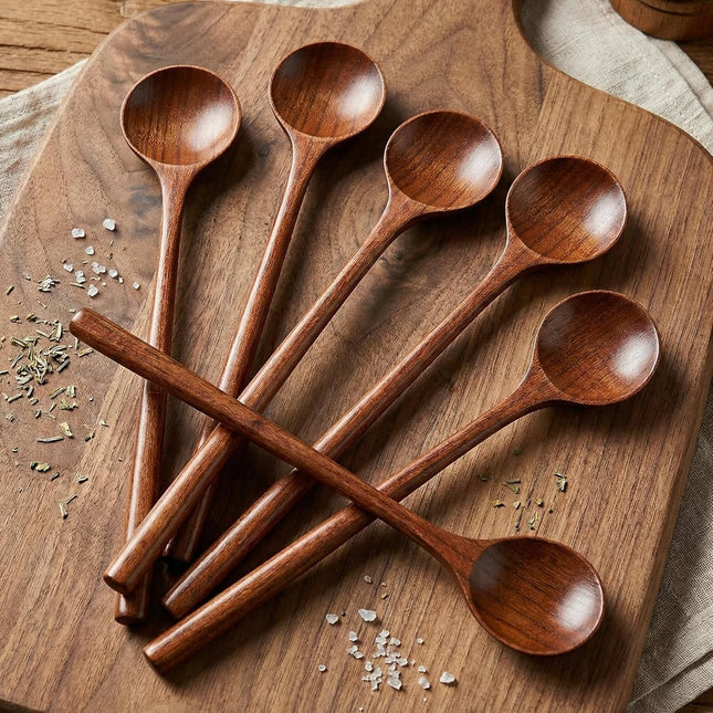 6 Pcs 11 Inch Wood Long Spoons Wooden Long Handle Round Scoops Korean Style Soup Spoons for Soup Cooking Mixing Stirring Kitchen Tools Utensils(Brown).