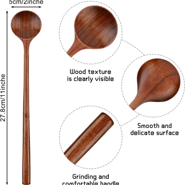 6 Pcs 11 Inch Wood Long Spoons Wooden Long Handle Round Scoops Korean Style Soup Spoons for Soup Cooking Mixing Stirring Kitchen Tools Utensils(Brown).
