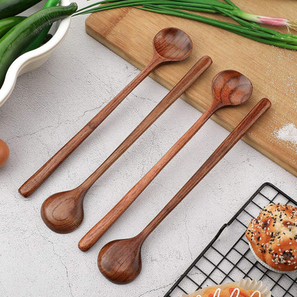 6 Pcs 11 Inch Wood Long Spoons Wooden Long Handle Round Scoops Korean Style Soup Spoons for Soup Cooking Mixing Stirring Kitchen Tools Utensils(Brown).
