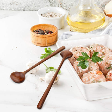 6 Pcs 11 Inch Wood Long Spoons Wooden Long Handle Round Scoops Korean Style Soup Spoons for Soup Cooking Mixing Stirring Kitchen Tools Utensils(Brown).