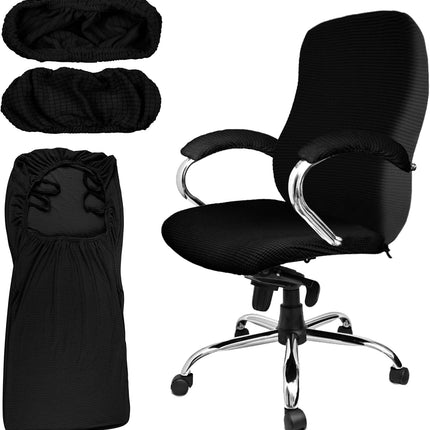 3 Pcs Computer Office Chair Cover Universal Rotating Chair Slipcovers Protector Removable Washable Office Armrest Covers with Zipper for High Back Seat Backrest(L,Waffle,Black).