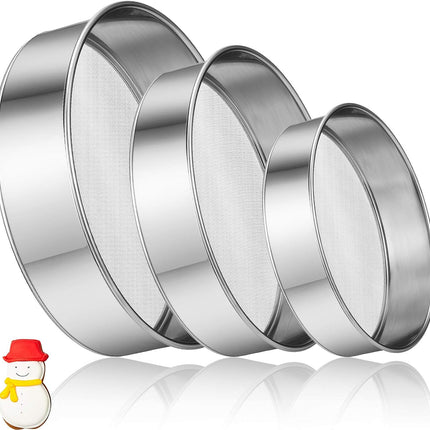 3 Pcs Stainless Steel Round Flour Sifter Sieve Fine Mesh for Bake Decorate Cakes, Pies, Pastries, Cupcakes (6 Inch and 8 Inch 60 Mesh,7 Inch 40 Mesh).