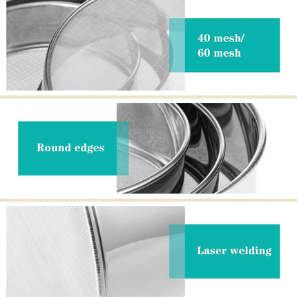 3 Pcs Stainless Steel Round Flour Sifter Sieve Fine Mesh for Bake Decorate Cakes, Pies, Pastries, Cupcakes (6 Inch and 8 Inch 60 Mesh,7 Inch 40 Mesh).