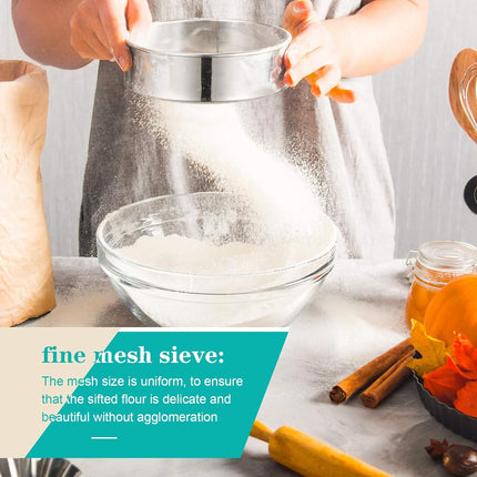 3 Pcs Stainless Steel Round Flour Sifter Sieve Fine Mesh for Bake Decorate Cakes, Pies, Pastries, Cupcakes (6 Inch and 8 Inch 60 Mesh,7 Inch 40 Mesh).