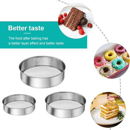 3 Pcs Stainless Steel Round Flour Sifter Sieve Fine Mesh for Bake Decorate Cakes, Pies, Pastries, Cupcakes (6 Inch and 8 Inch 60 Mesh,7 Inch 40 Mesh).