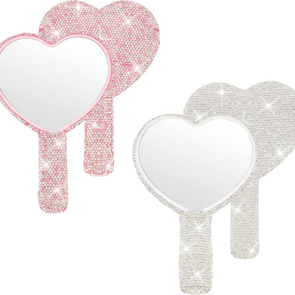 2 Pcs Large Rhinestone Handheld Mirror Heart Shaped Bling Glitter Portable Cosmetic Hand Mirror with Handle for Women Make up Brush Lash(Pink and White).