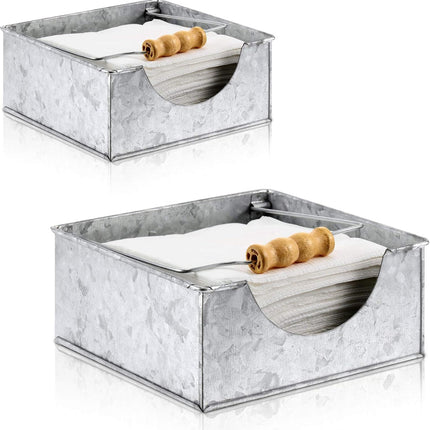 2 Pieces Farmhouse Napkin Holder with Wooden Handles Galvanized Silver Metal Napkin Holder Rustic Flat Square Design for Kitchen Tables Restaurants Indoor or Outdoor Dining.