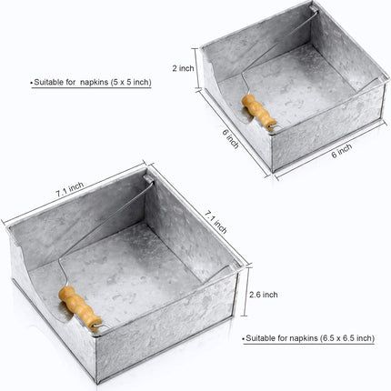 2 Pieces Farmhouse Napkin Holder with Wooden Handles Galvanized Silver Metal Napkin Holder Rustic Flat Square Design for Kitchen Tables Restaurants Indoor or Outdoor Dining.