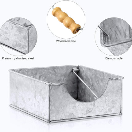 2 Pieces Farmhouse Napkin Holder with Wooden Handles Galvanized Silver Metal Napkin Holder Rustic Flat Square Design for Kitchen Tables Restaurants Indoor or Outdoor Dining.