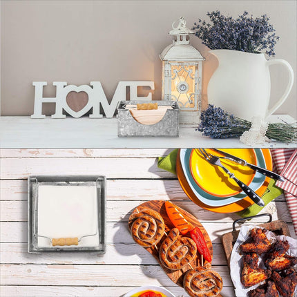 2 Pieces Farmhouse Napkin Holder with Wooden Handles Galvanized Silver Metal Napkin Holder Rustic Flat Square Design for Kitchen Tables Restaurants Indoor or Outdoor Dining.
