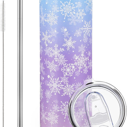 Winter Snowflake Tumbler with Lid Straw 20 oz Stainless Steel Tumbler Snowflake Insulated Skinny Travel Cup Coffee Mug with Straw Brush for Winter Holiday Birthday Party Gifts(Blue).