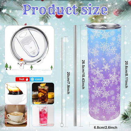 Winter Snowflake Tumbler with Lid Straw 20 oz Stainless Steel Tumbler Snowflake Insulated Skinny Travel Cup Coffee Mug with Straw Brush for Winter Holiday Birthday Party Gifts(Blue).