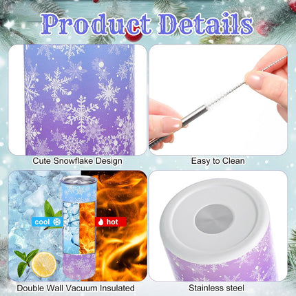 Winter Snowflake Tumbler with Lid Straw 20 oz Stainless Steel Tumbler Snowflake Insulated Skinny Travel Cup Coffee Mug with Straw Brush for Winter Holiday Birthday Party Gifts(Blue).