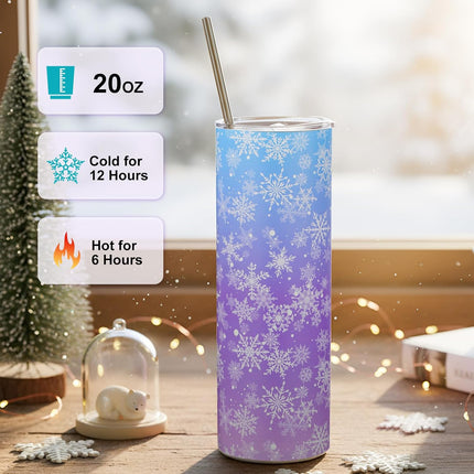 Winter Snowflake Tumbler with Lid Straw 20 oz Stainless Steel Tumbler Snowflake Insulated Skinny Travel Cup Coffee Mug with Straw Brush for Winter Holiday Birthday Party Gifts(Blue).