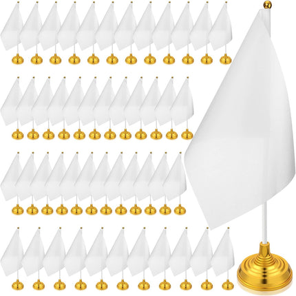48 Pcs Mini White Desktop Flags on Stick with Stands 5.51 x 8.27 Office White Solid for DIY Craft Small Blank Desktop Flag with Pole for 4th of July Event Celebration.