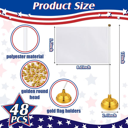 48 Pcs Mini White Desktop Flags on Stick with Stands 5.51 x 8.27 Office White Solid for DIY Craft Small Blank Desktop Flag with Pole for 4th of July Event Celebration.