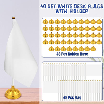 48 Pcs Mini White Desktop Flags on Stick with Stands 5.51 x 8.27 Office White Solid for DIY Craft Small Blank Desktop Flag with Pole for 4th of July Event Celebration.