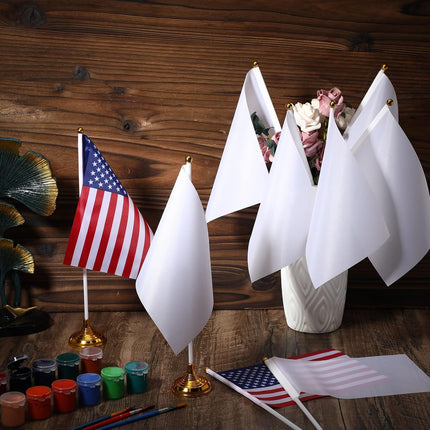 48 Pcs Mini White Desktop Flags on Stick with Stands 5.51 x 8.27 Office White Solid for DIY Craft Small Blank Desktop Flag with Pole for 4th of July Event Celebration.