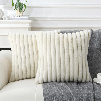 Decorative Throw Pillow with Inserts, Set of 2 Soft Faux Fur Throw Pillows, Square Boho Striped Pillow for Couch, Bed, Sofa Decor(Beige, 18" x 18").