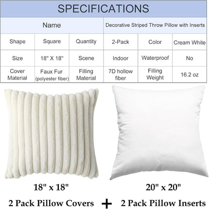 Decorative Throw Pillow with Inserts, Set of 2 Soft Faux Fur Throw Pillows, Square Boho Striped Pillow for Couch, Bed, Sofa Decor(Beige, 18" x 18").
