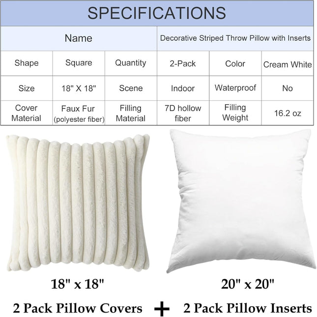 Decorative Throw Pillow with Inserts, Set of 2 Soft Faux Fur Throw Pillows, Square Boho Striped Pillow for Couch, Bed, Sofa Decor(Beige, 18" x 18").