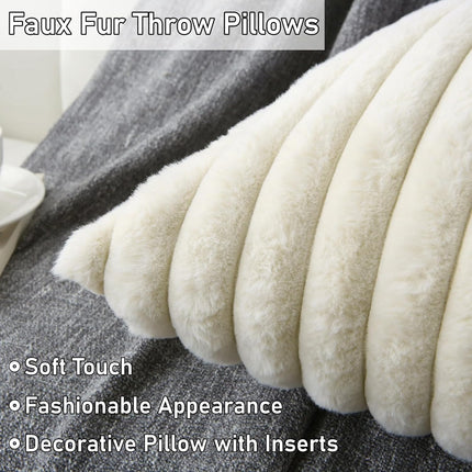 Decorative Throw Pillow with Inserts, Set of 2 Soft Faux Fur Throw Pillows, Square Boho Striped Pillow for Couch, Bed, Sofa Decor(Beige, 18" x 18").