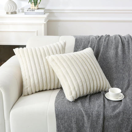 Decorative Throw Pillow with Inserts, Set of 2 Soft Faux Fur Throw Pillows, Square Boho Striped Pillow for Couch, Bed, Sofa Decor(Beige, 18" x 18").