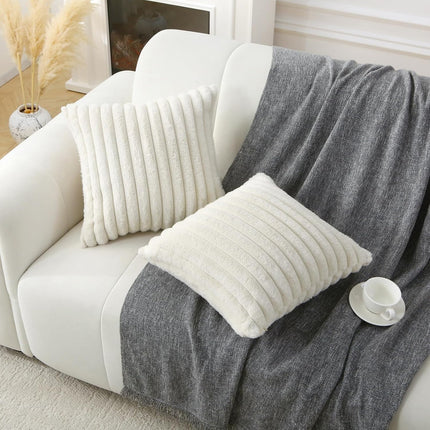 Decorative Throw Pillow with Inserts, Set of 2 Soft Faux Fur Throw Pillows, Square Boho Striped Pillow for Couch, Bed, Sofa Decor(Beige, 18" x 18").