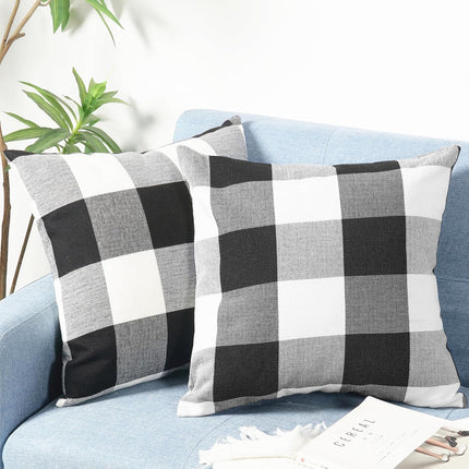 Rustic Buffalo Plaid Pillows with Inserts Set of 2, Retro Cotton Linen Decorative Throw Pillows for Front Porch Patio Decor, Classic Home Decor for Sofa Bed Couch(Black White, 16" x 16").