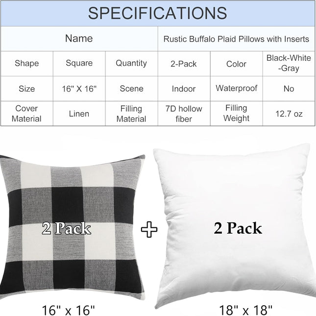 Rustic Buffalo Plaid Pillows with Inserts Set of 2, Retro Cotton Linen Decorative Throw Pillows for Front Porch Patio Decor, Classic Home Decor for Sofa Bed Couch(Black White, 16" x 16").