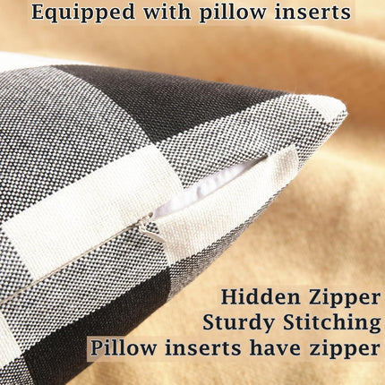 Rustic Buffalo Plaid Pillows with Inserts Set of 2, Retro Cotton Linen Decorative Throw Pillows for Front Porch Patio Decor, Classic Home Decor for Sofa Bed Couch(Black White, 16" x 16").