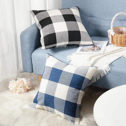 Rustic Buffalo Plaid Pillows with Inserts Set of 2, Retro Cotton Linen Decorative Throw Pillows for Front Porch Patio Decor, Classic Home Decor for Sofa Bed Couch(Black White, 16" x 16").
